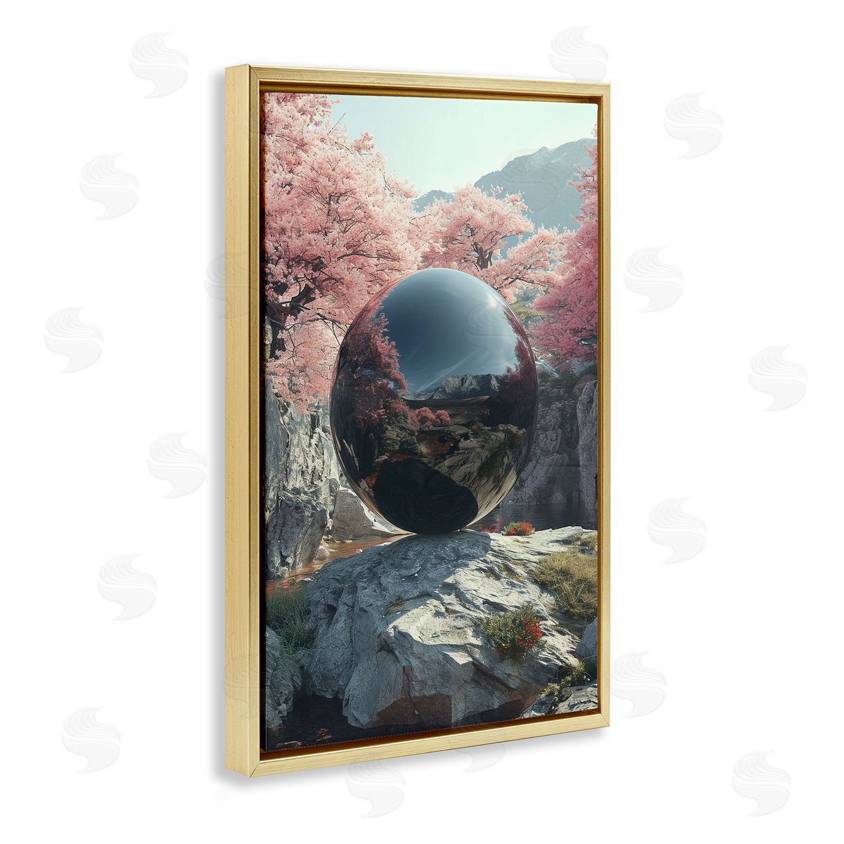 Surreal Reflective Ball Gold Floating Frame Canvas Wall Art, Home Decor by Roozbeh Bahramali