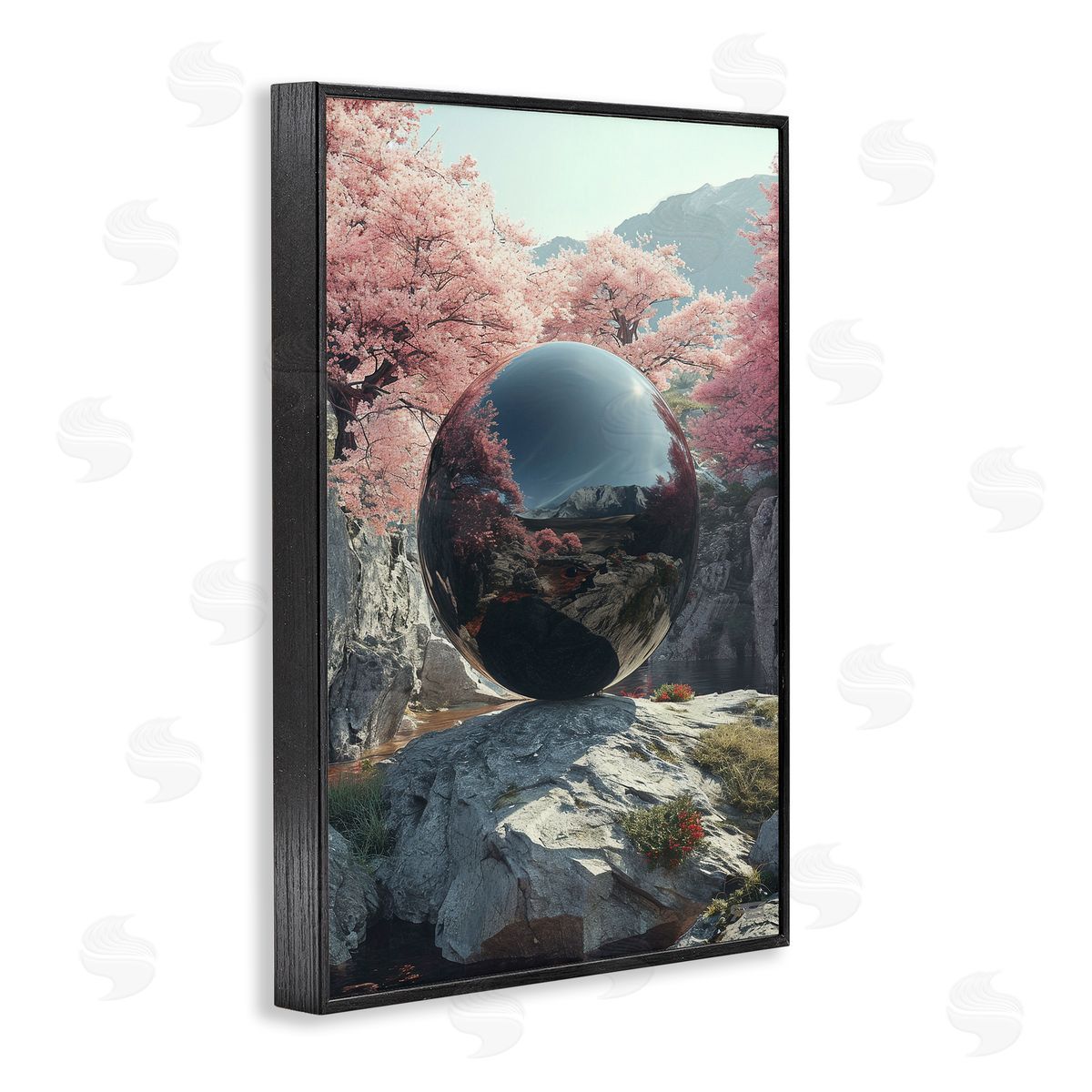Surreal Reflective Ball Black Frame Print Wall Art, Home Decor by Roozbeh Bahramali