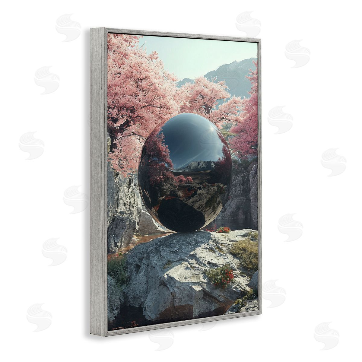Surreal Reflective Ball Grey Frame Print Wall Art, Home Decor by Roozbeh Bahramali