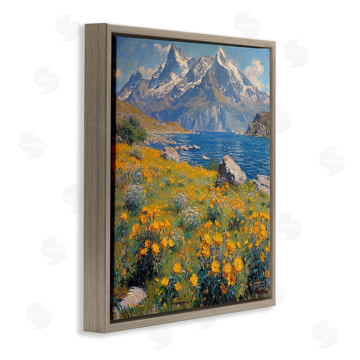 RB Mountain Daisy Meadow Brown Floating Frame Canvas Wall Art Print