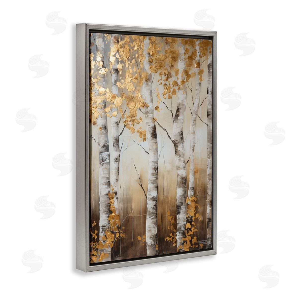 Fall Foliage Birch Grey Floating Frame Canvas Wall Art, Home Decor by Roozbeh Bahramali