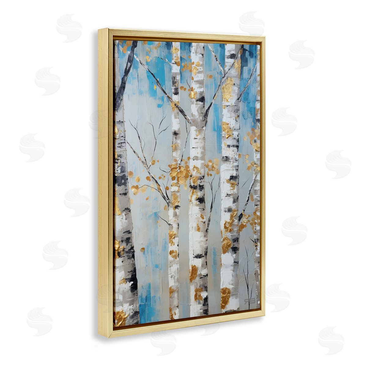 Birch Trees Foliage Gold Floating Frame Canvas Wall Art, Home Decor by Roozbeh Bahramali