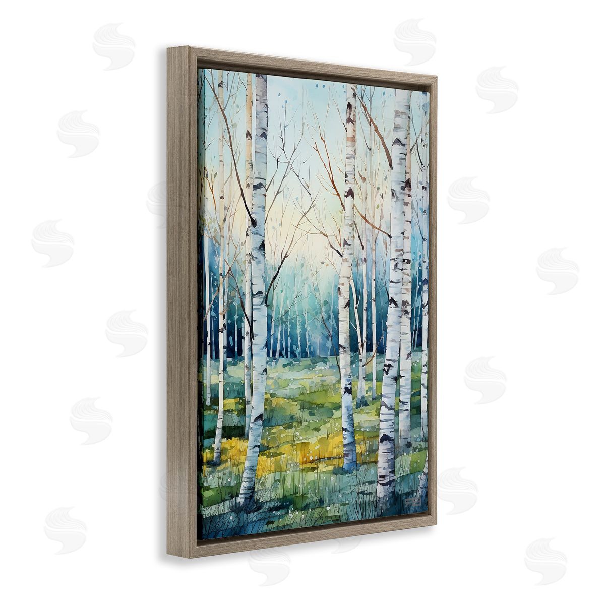 Summer Birch Forest Brown Floating Frame Canvas Wall Art, Home Decor by Roozbeh Bahramali