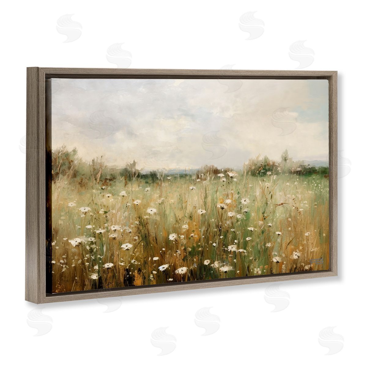 Country Daisy Field Brown Floating Frame Canvas Wall Art, Home Decor by Roozbeh Bahramali