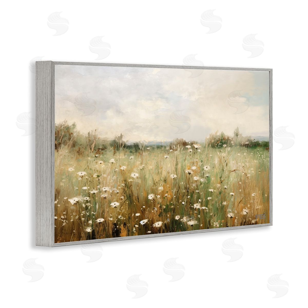 Country Daisy Field Grey Frame Print Wall Art, Home Decor by Roozbeh Bahramali