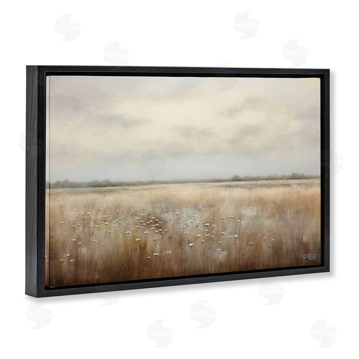 Subtle Flower Meadow Black Floating Frame Canvas Wall Art, Home Decor by Roozbeh Bahramali
