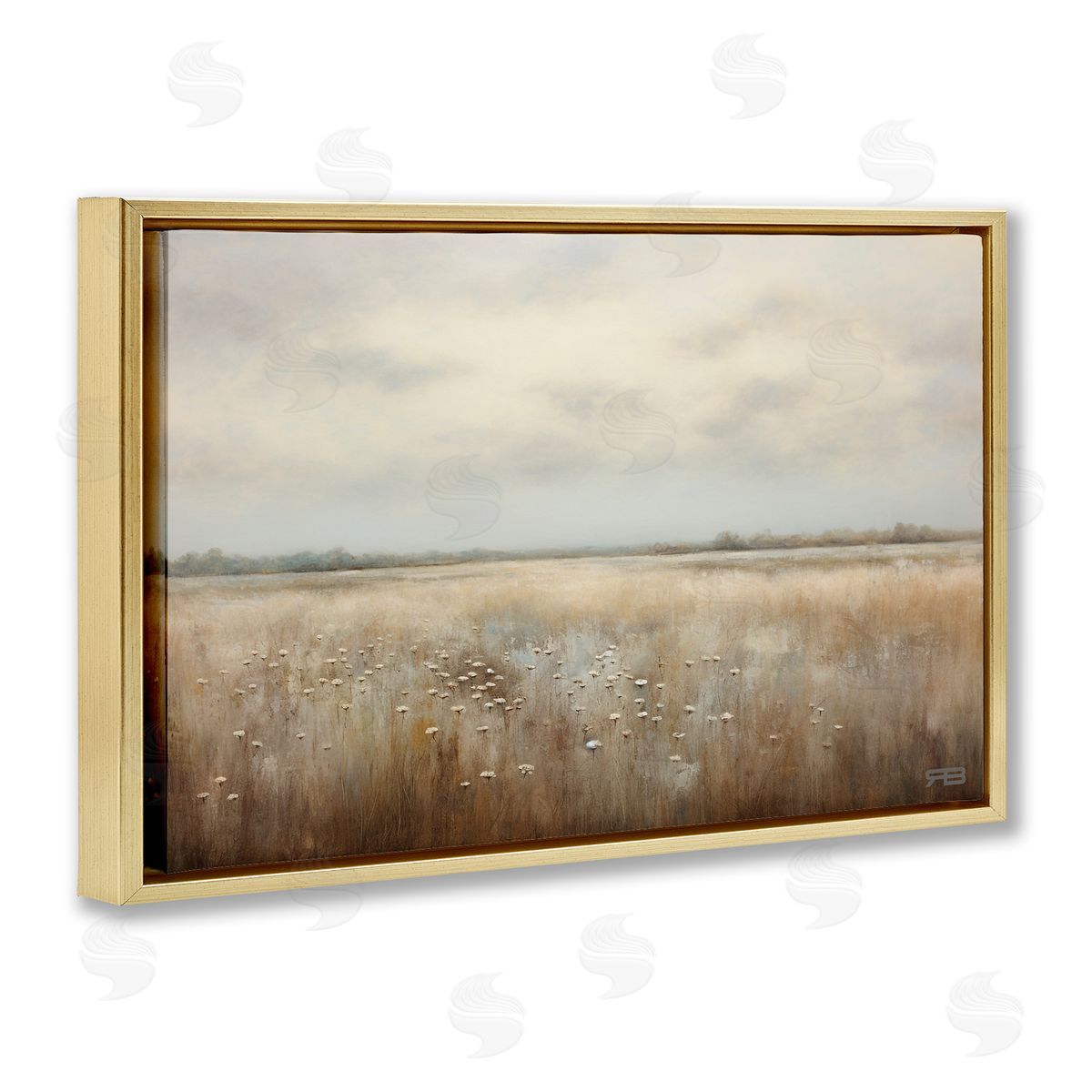 Subtle Flower Meadow Gold Floating Frame Canvas Wall Art, Home Decor by Roozbeh Bahramali