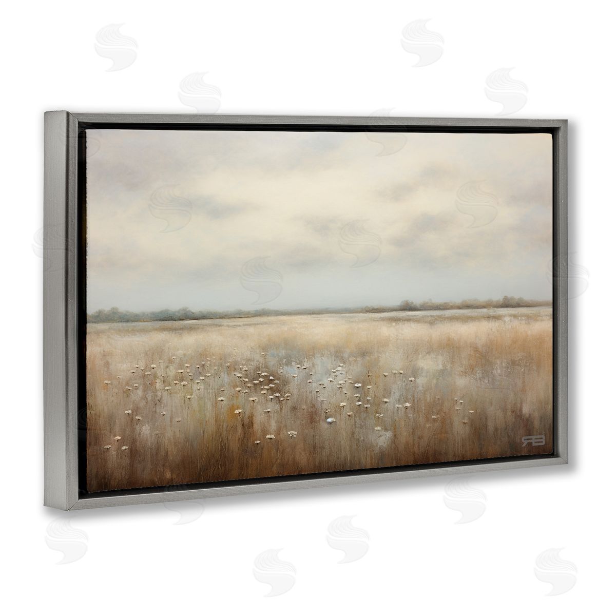 Subtle Flower Meadow Grey Floating Frame Canvas Wall Art, Home Decor by Roozbeh Bahramali