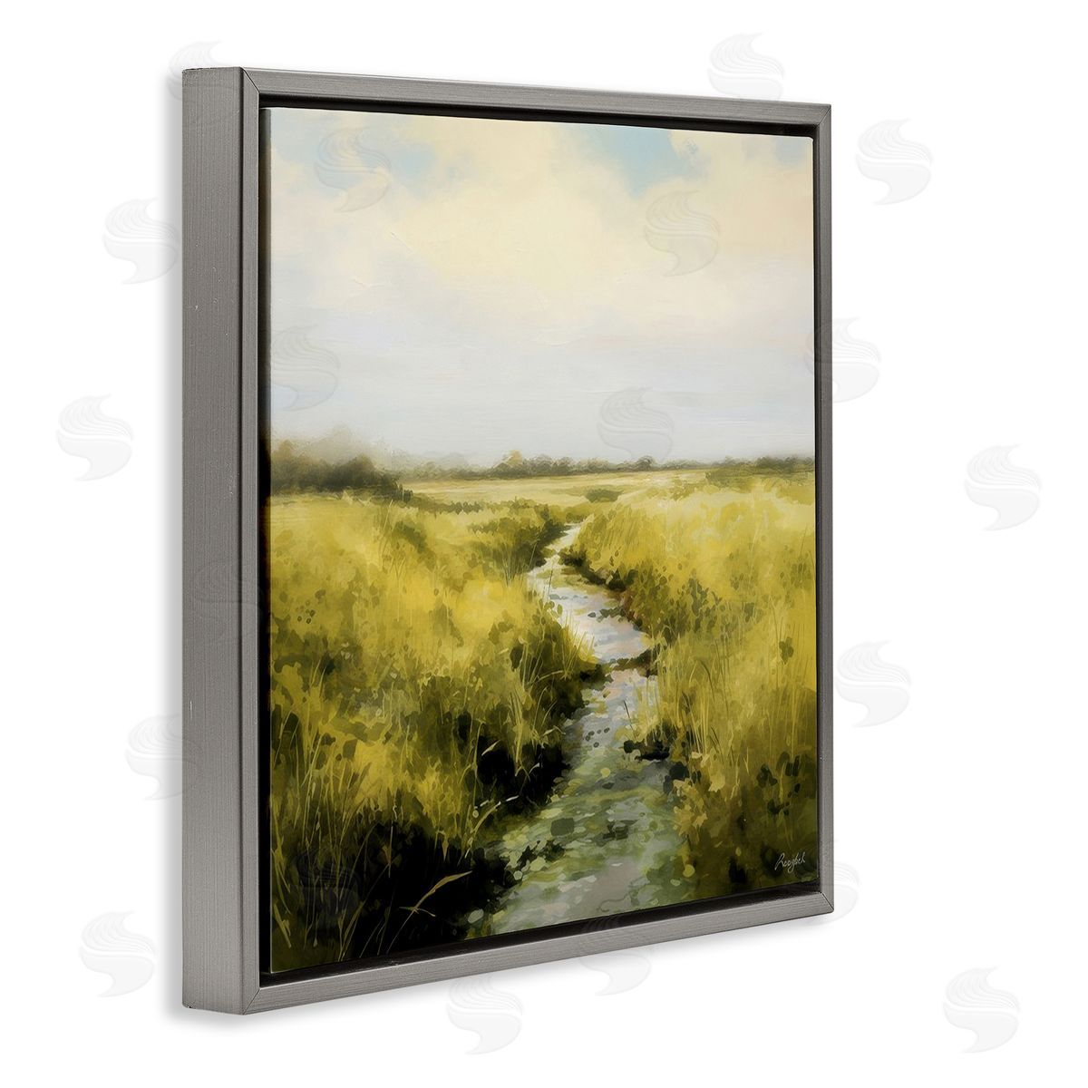 Roozbeh Bahramali Calming Horizon Stream Gray Floating Frame Canvas Wall Art Print