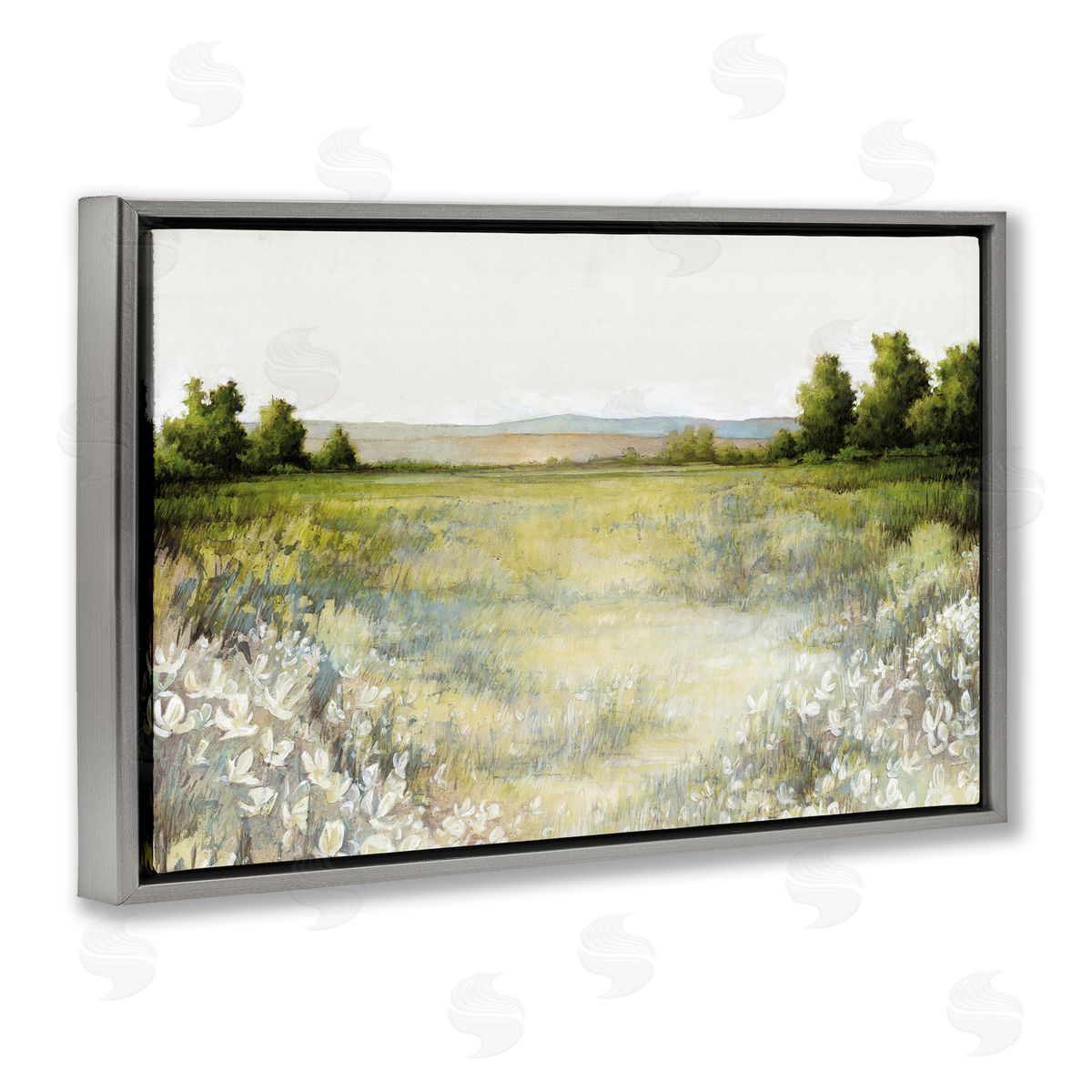 White Ladder White Flowers Meadow Gray Floating Frame Canvas Wall Art Print
