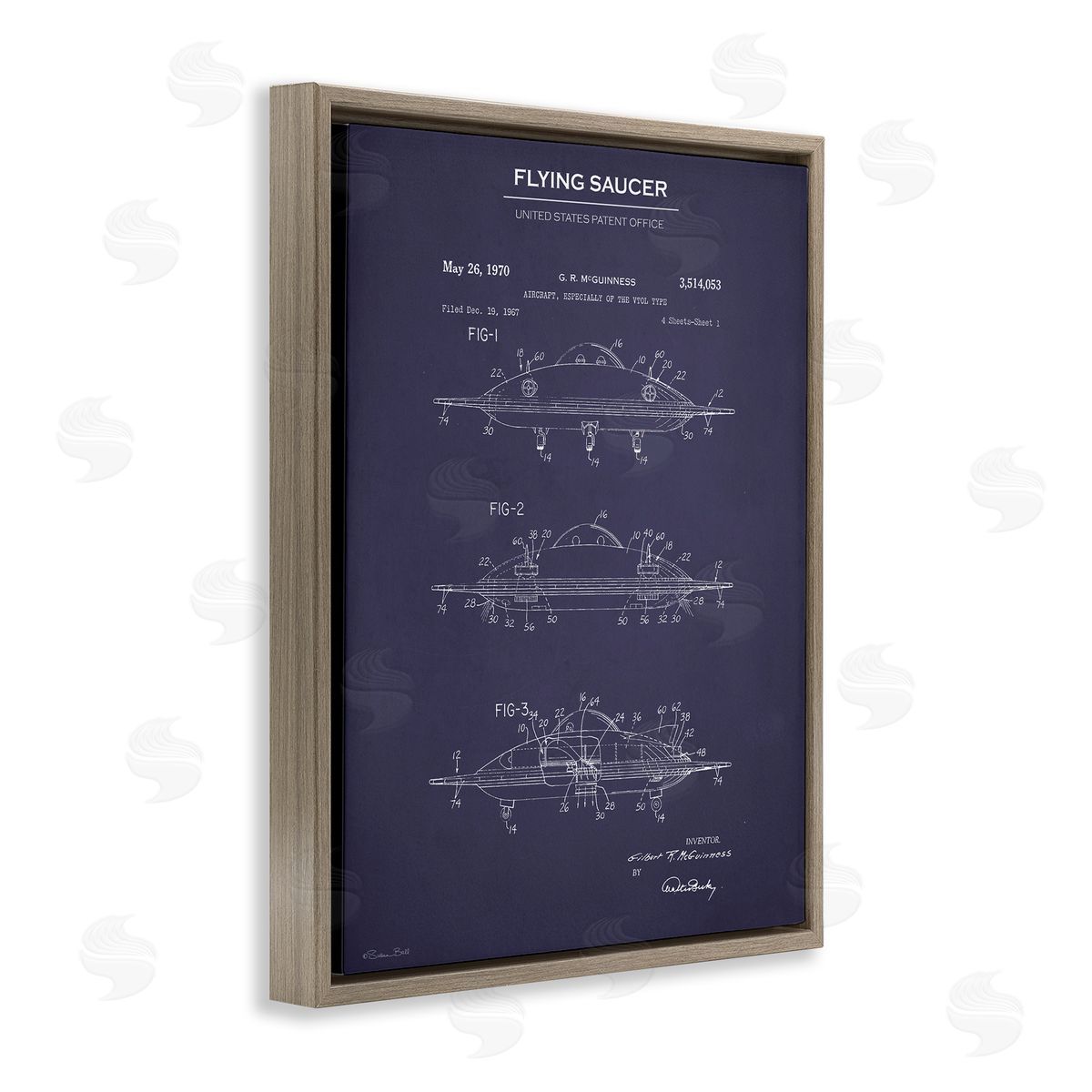 Flying Saucer Blueprint Brown Floating Frame Canvas Wall Art, Home Decor by Susan Ball