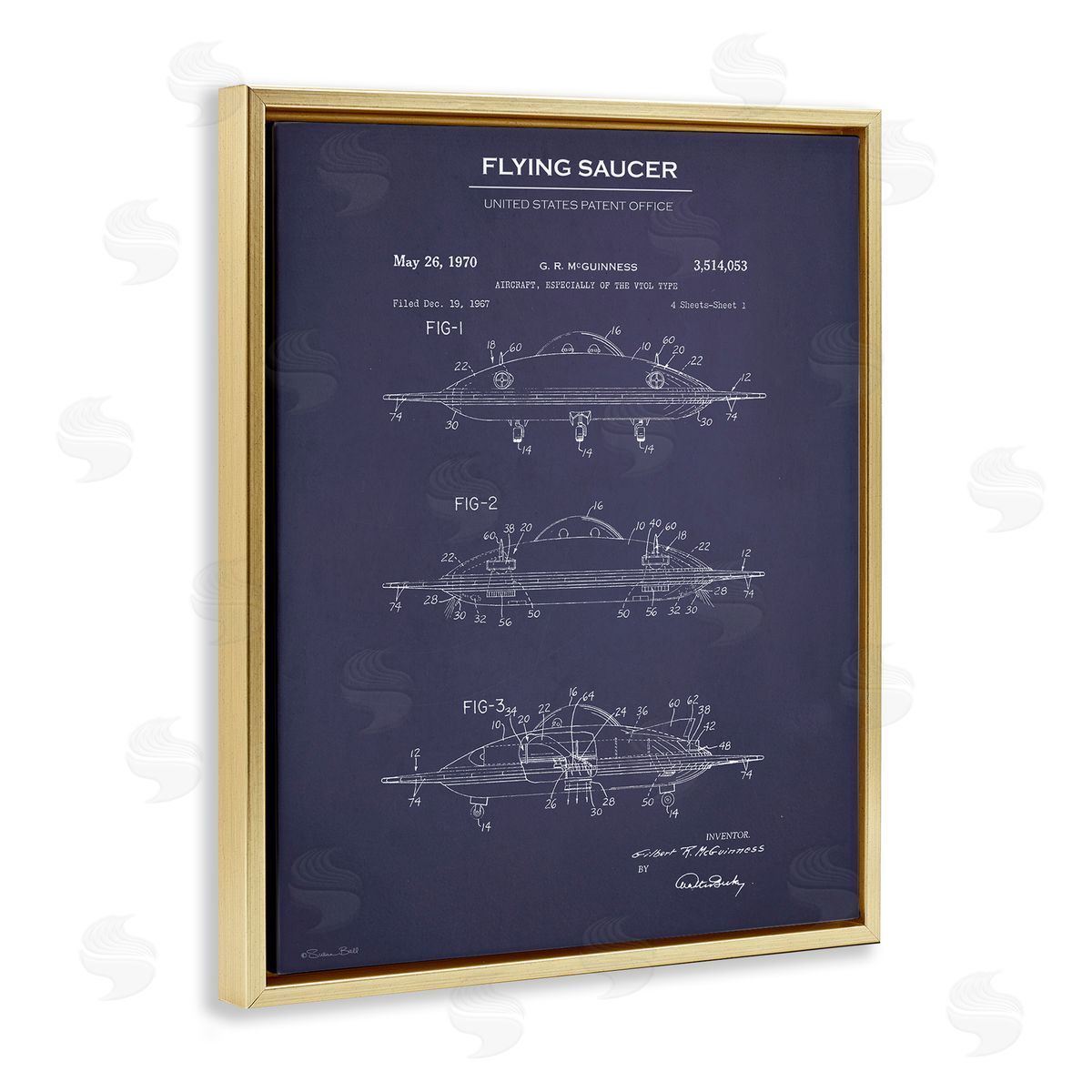 Flying Saucer Blueprint Gold Floating Frame Canvas Wall Art, Home Decor by Susan Ball