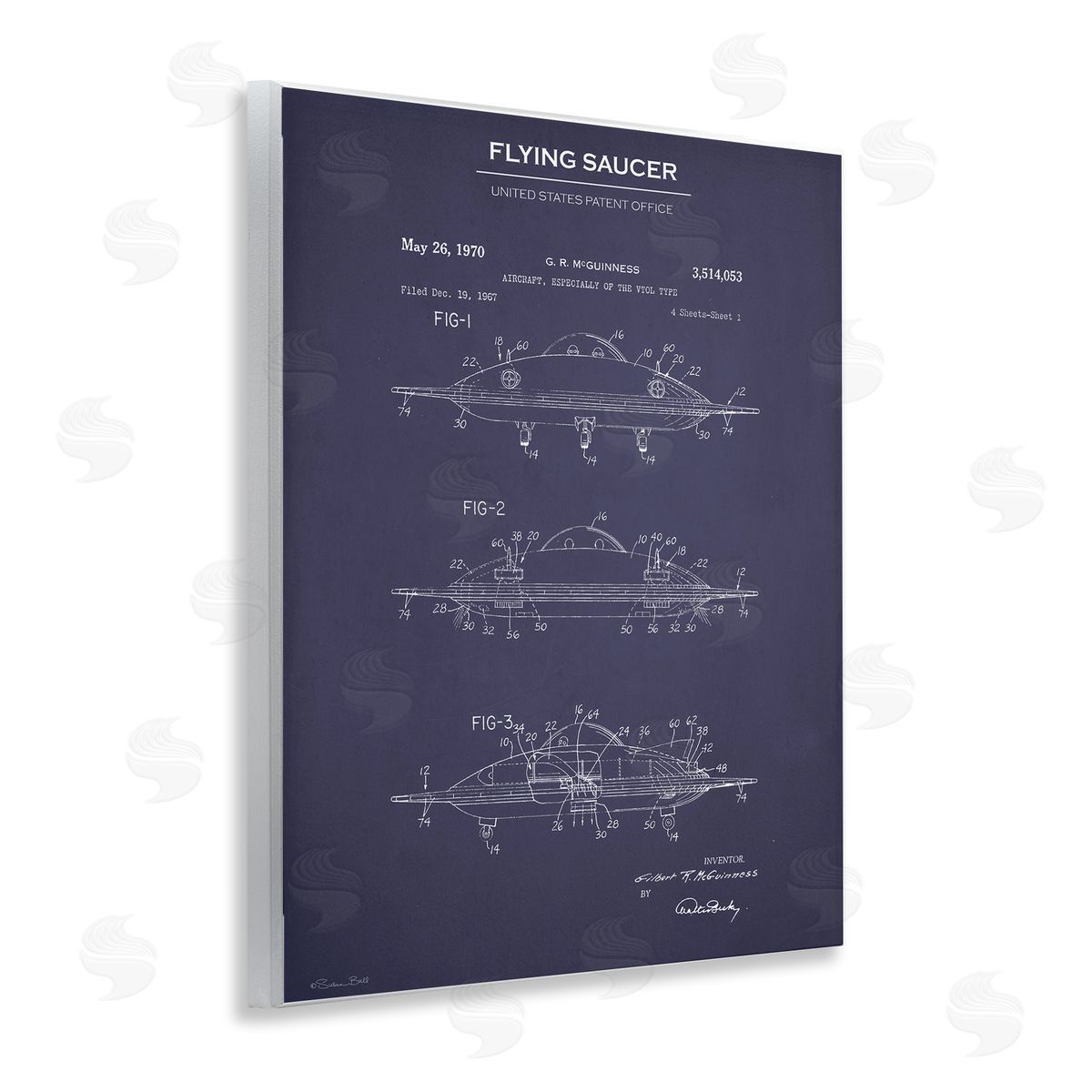 Flying Saucer Blueprint Wood Plaque Wall Art, Home Decor by Susan Ball