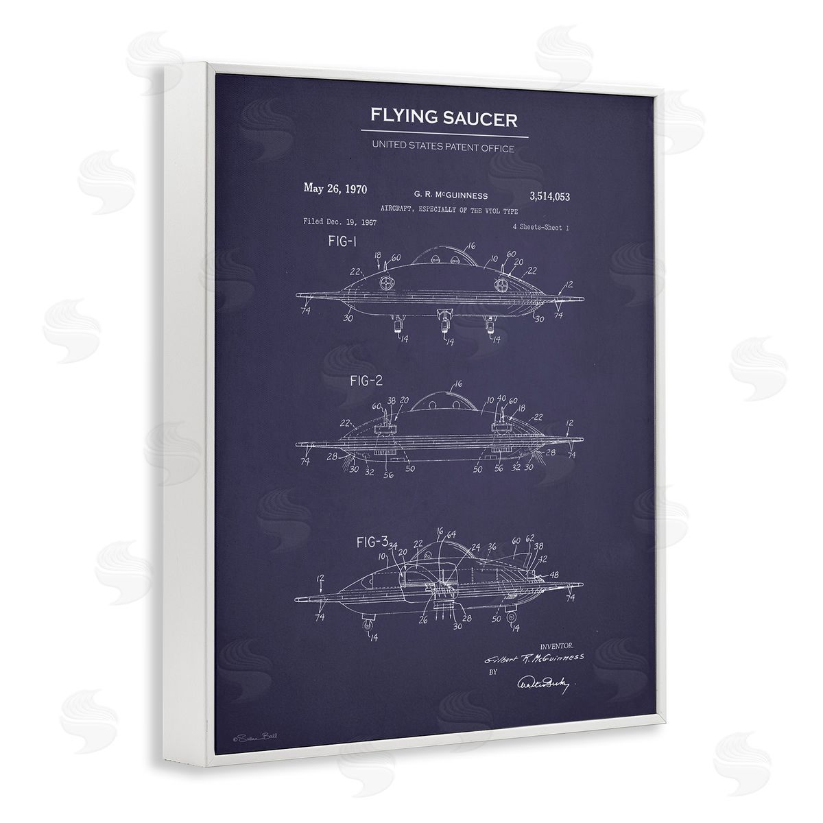 Flying Saucer Blueprint White Frame Print Wall Art, Home Decor by Susan Ball