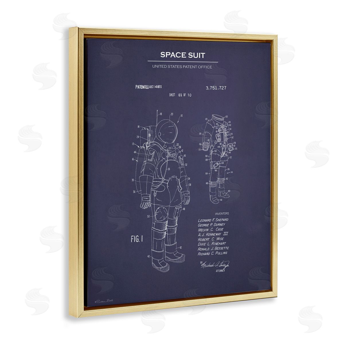 Space Suit Blueprint Gold Floating Frame Canvas Wall Art, Home Decor by Susan Ball