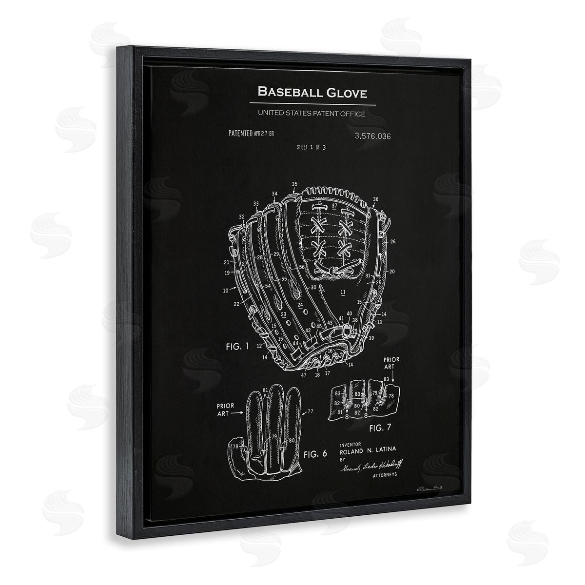 Baseball Glove Blueprint Black Floating Frame Canvas Wall Art, Home Decor by Susan Ball