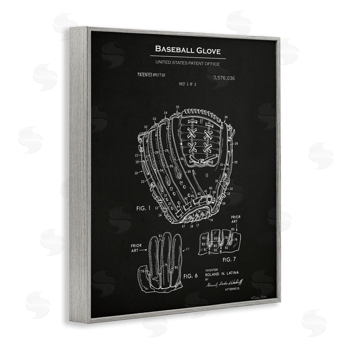 Baseball Glove Blueprint Grey Frame Print Wall Art, Home Decor by Susan Ball
