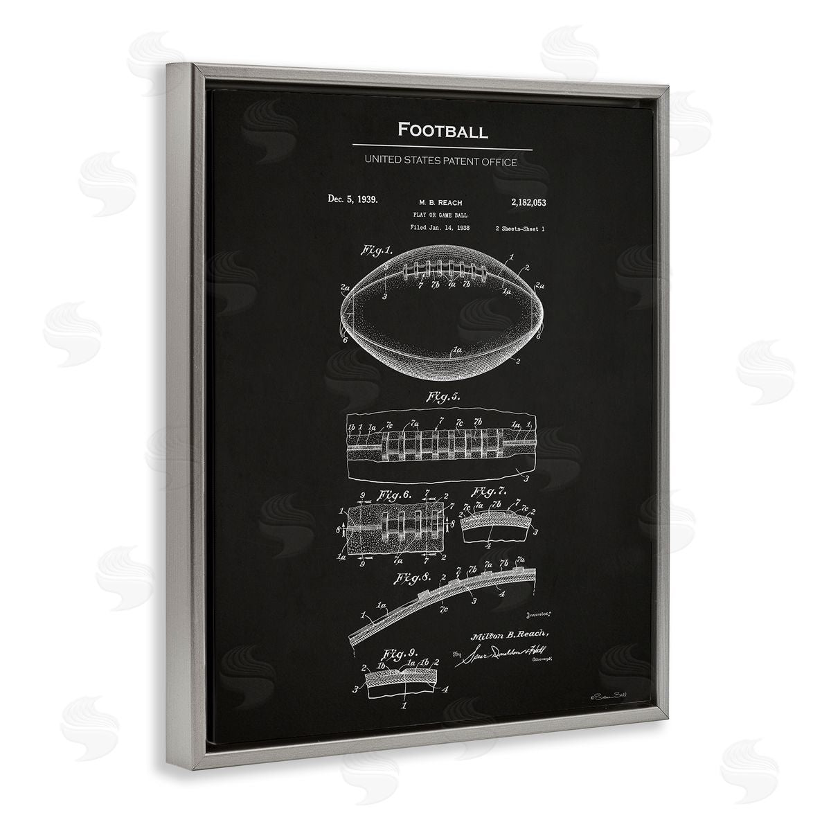 Detailed Football Blueprint Grey Floating Frame Canvas Wall Art, Home Decor by Susan Ball