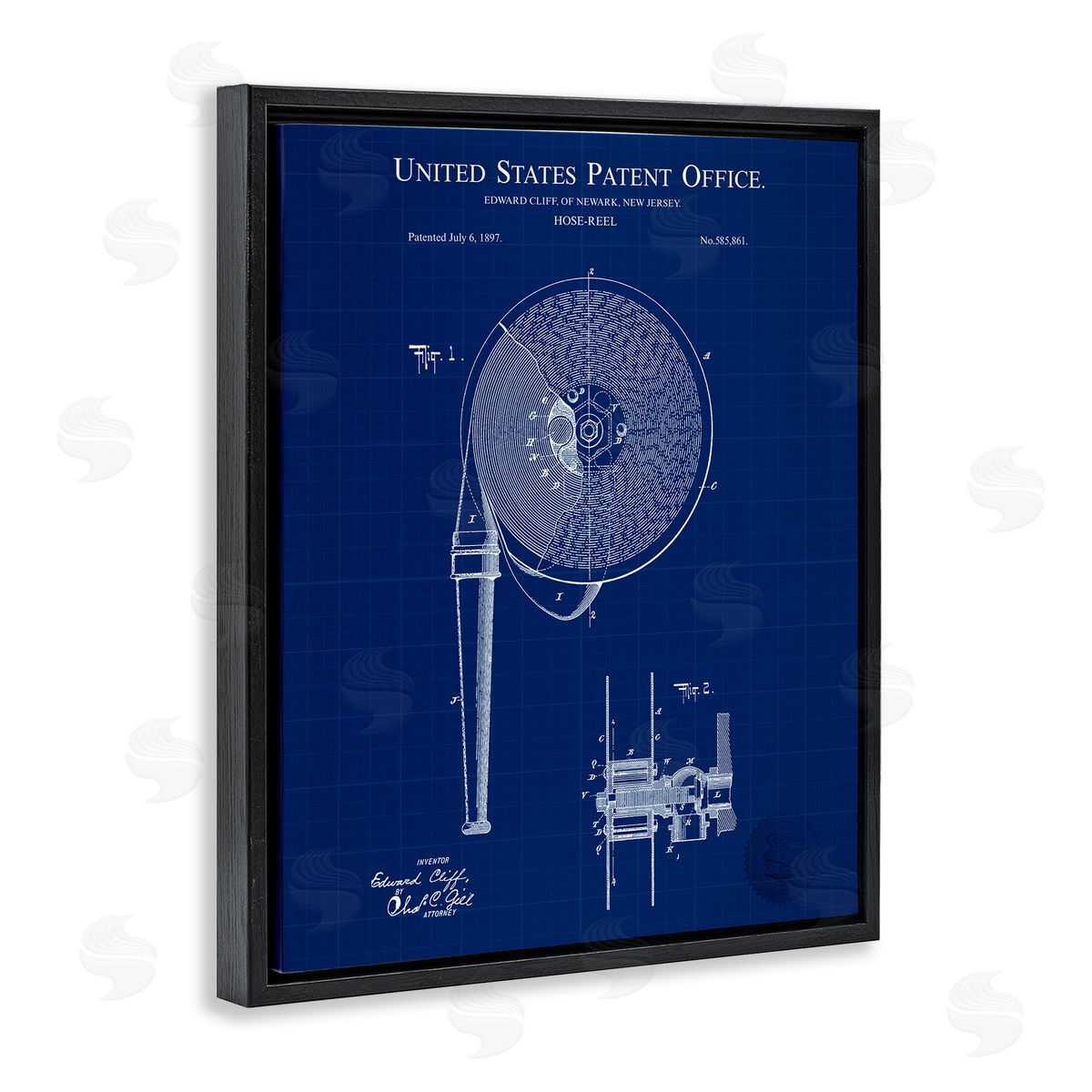 Hose Reel Blueprint Black Floating Frame Canvas Wall Art, Home Decor by Karl Hronek