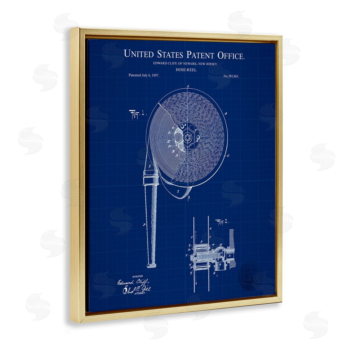 Hose Reel Blueprint Gold Floating Frame Canvas Wall Art, Home Decor by Karl Hronek