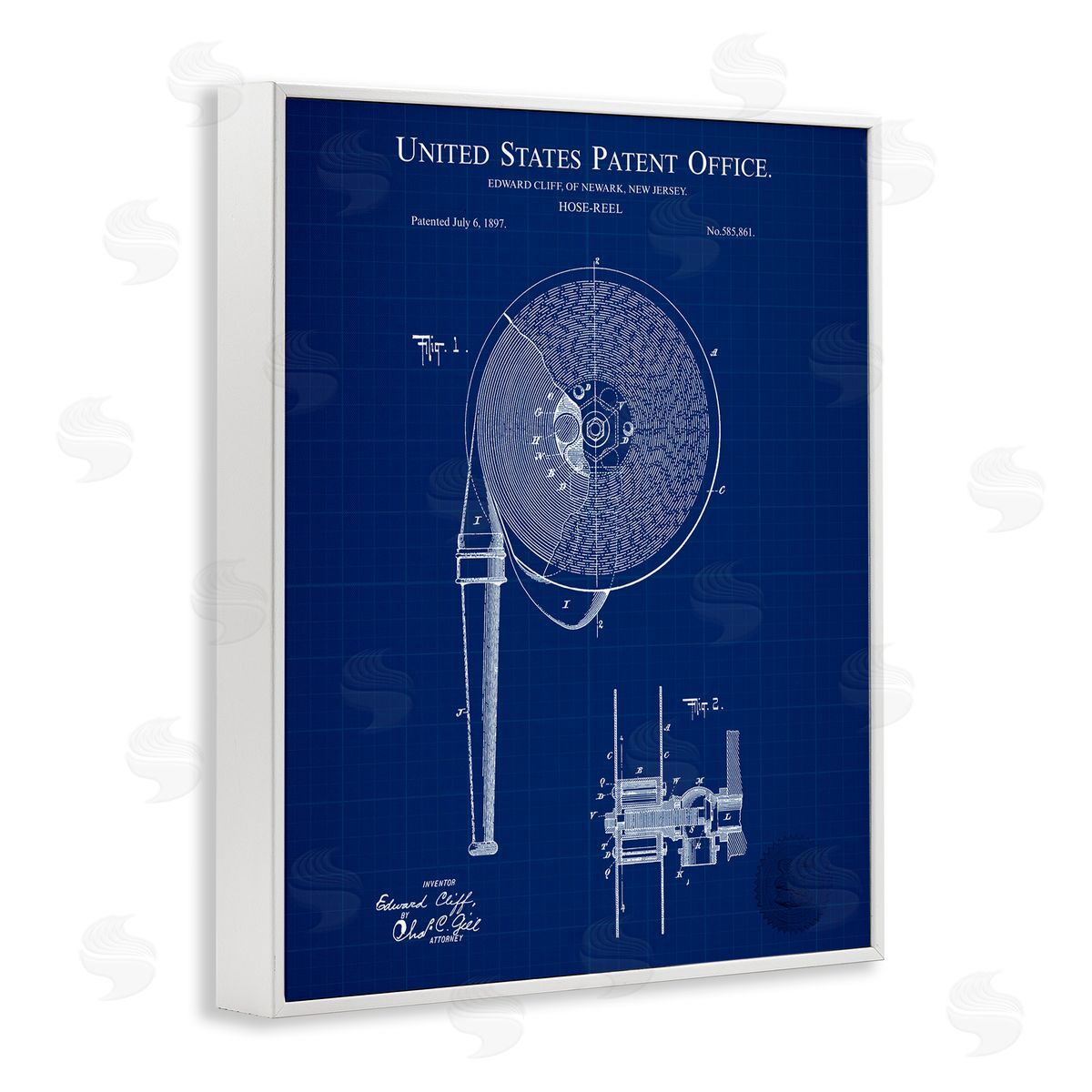 Hose Reel Blueprint White Frame Print Wall Art, Home Decor by Karl Hronek