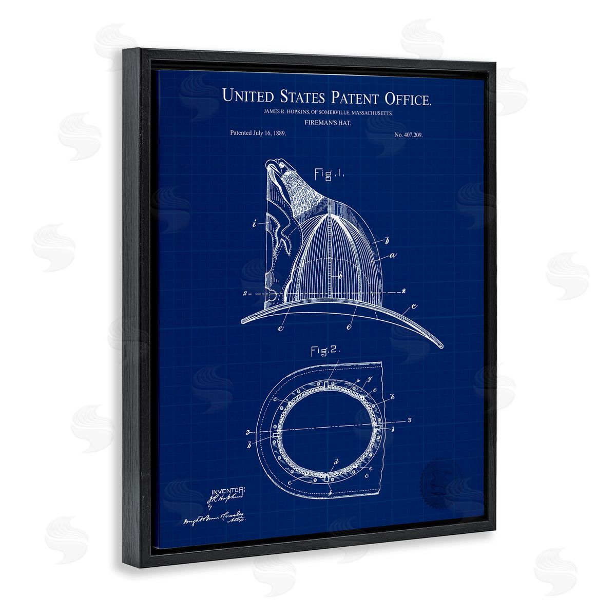 Fireman's Hat Blueprint Black Floating Frame Canvas Wall Art, Home Decor by Karl Hronek