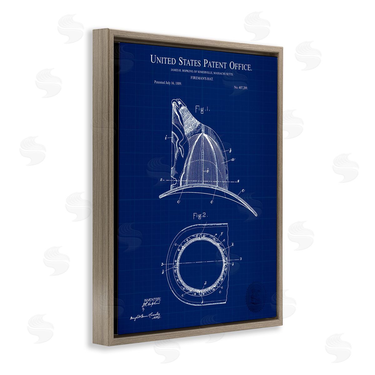 Fireman's Hat Blueprint Brown Floating Frame Canvas Wall Art, Home Decor by Karl Hronek