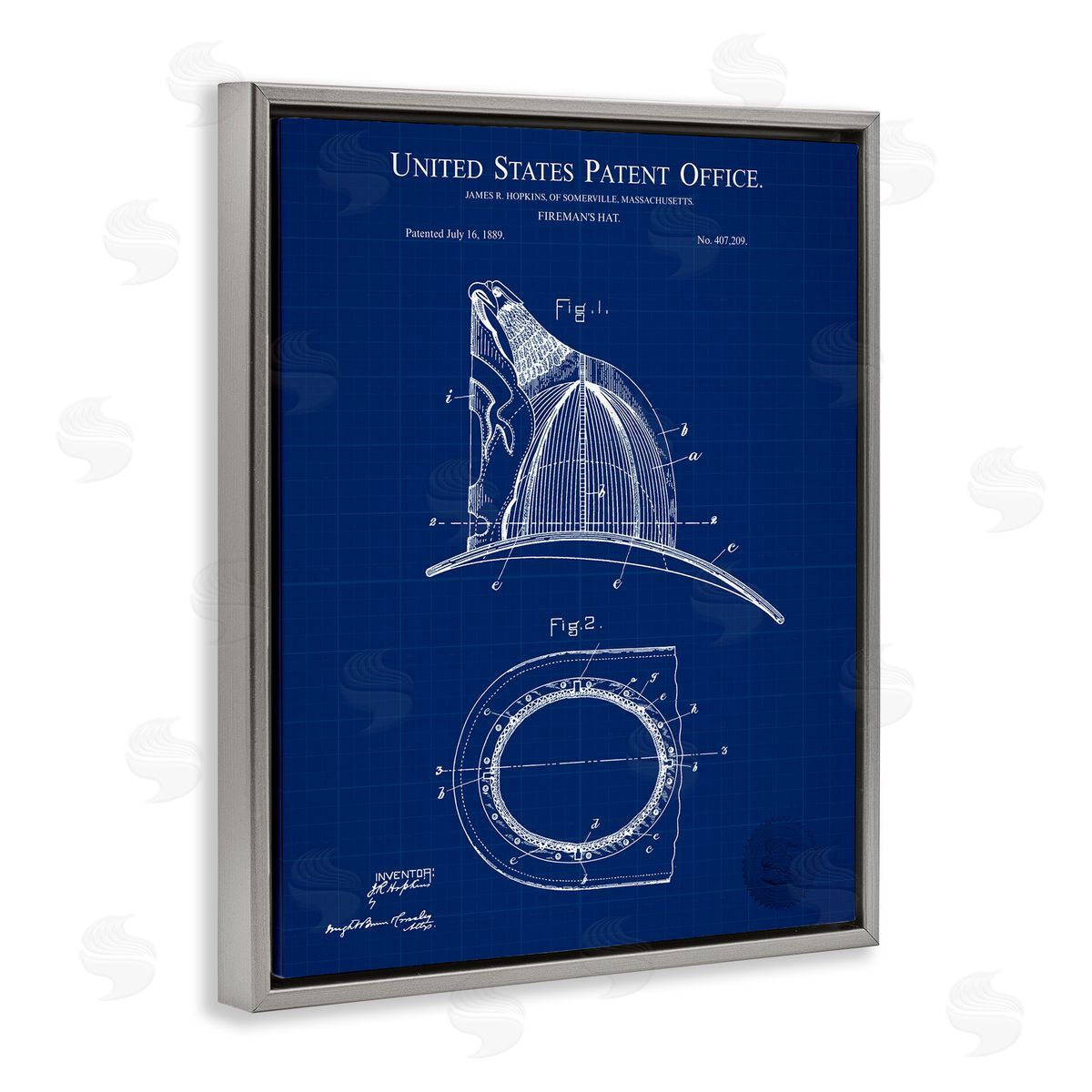 Fireman's Hat Blueprint Grey Floating Frame Canvas Wall Art, Home Decor by Karl Hronek
