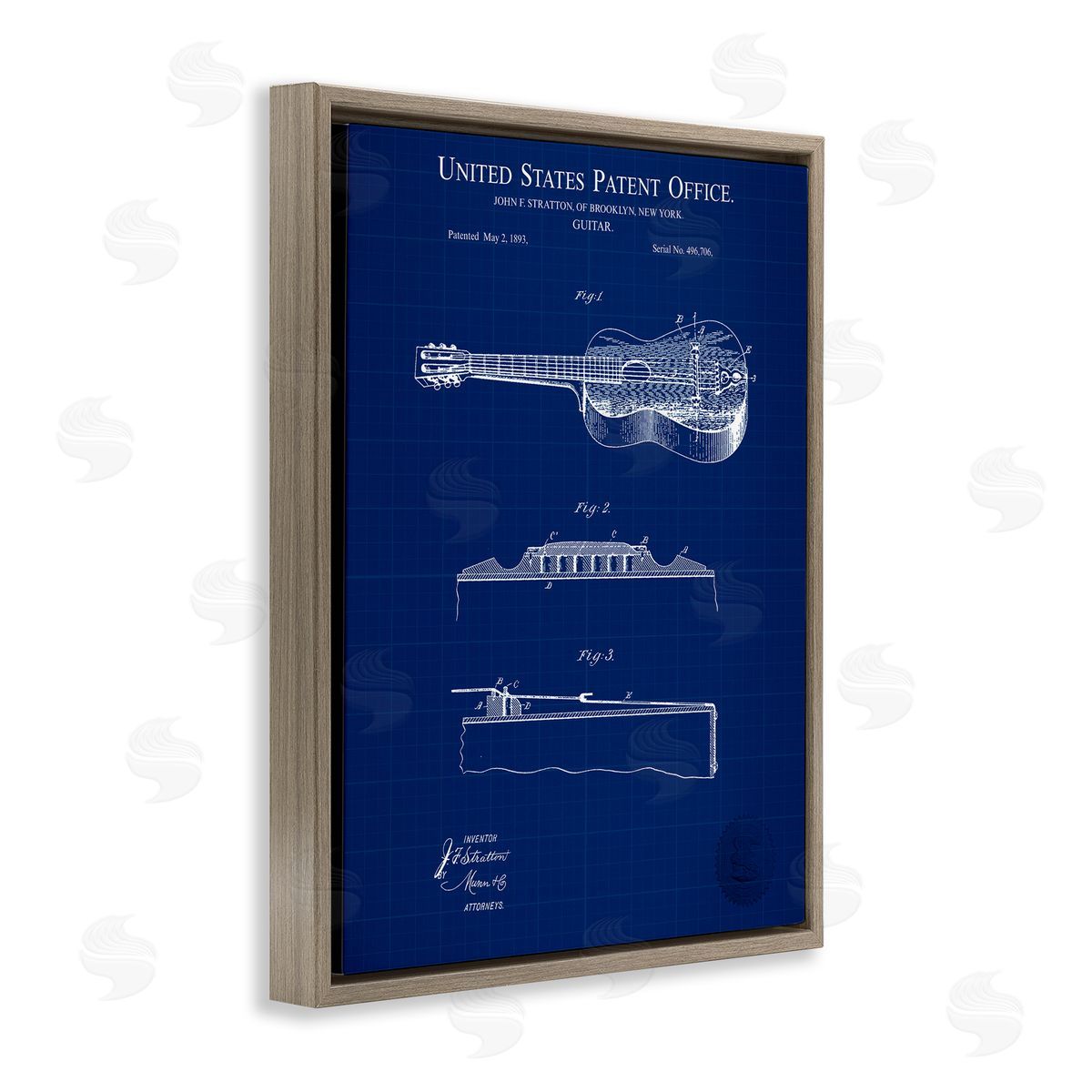 Acoustic Guitar Blueprint Brown Floating Frame Canvas Wall Art, Home Decor by Karl Hronek
