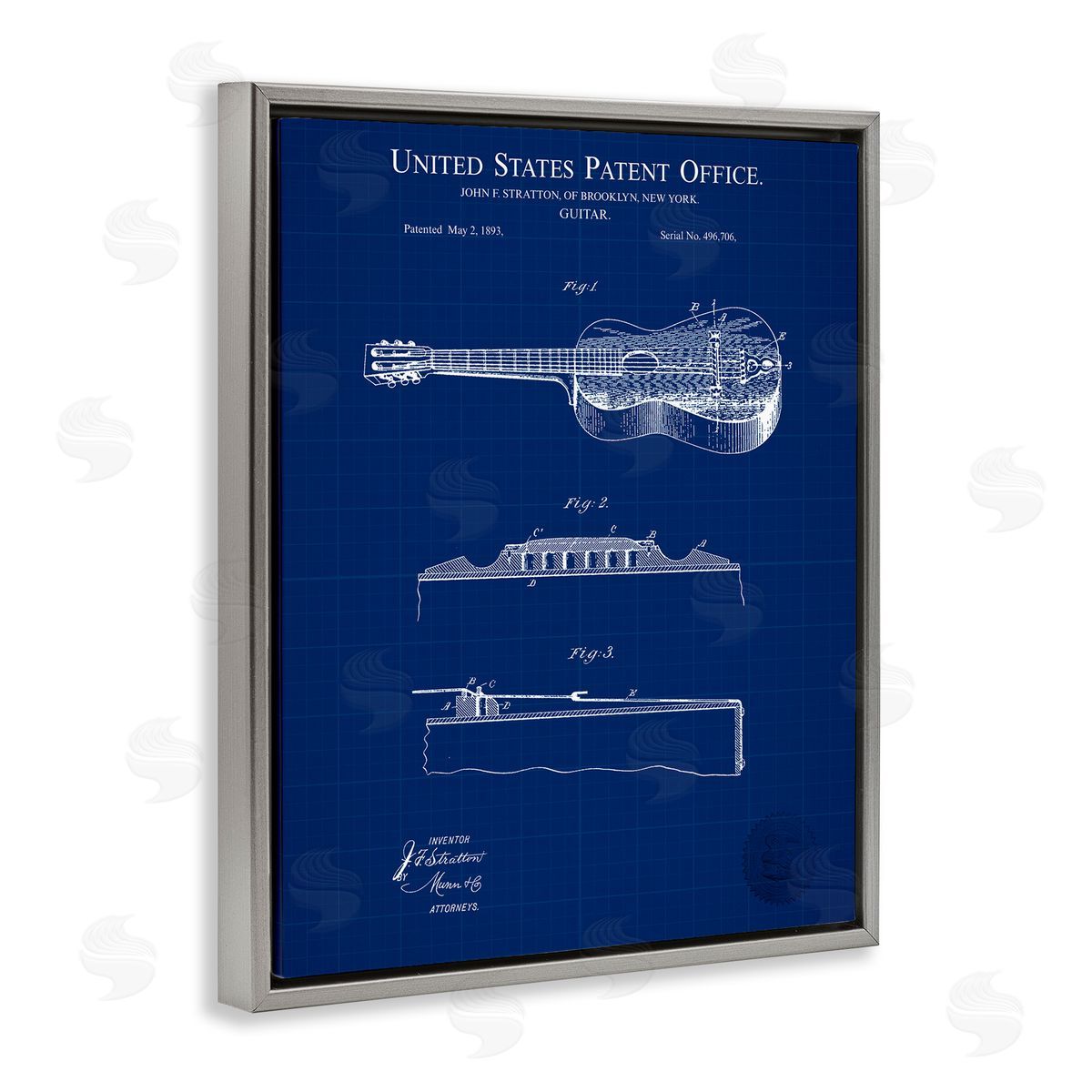 Acoustic Guitar Blueprint Grey Floating Frame Canvas Wall Art, Home Decor by Karl Hronek
