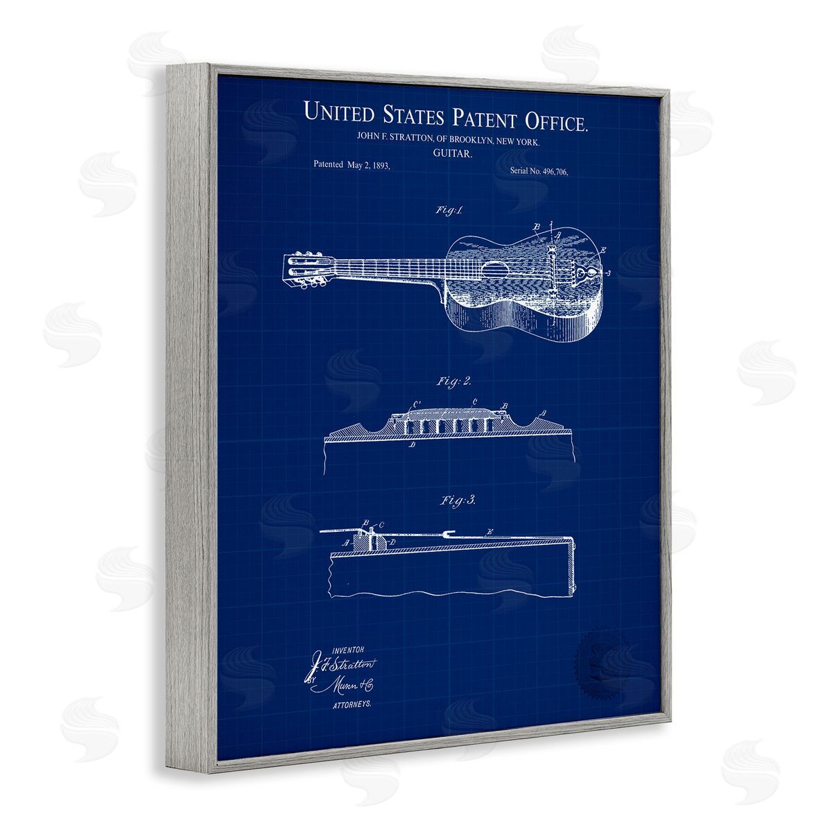 Acoustic Guitar Blueprint Grey Frame Print Wall Art, Home Decor by Karl Hronek