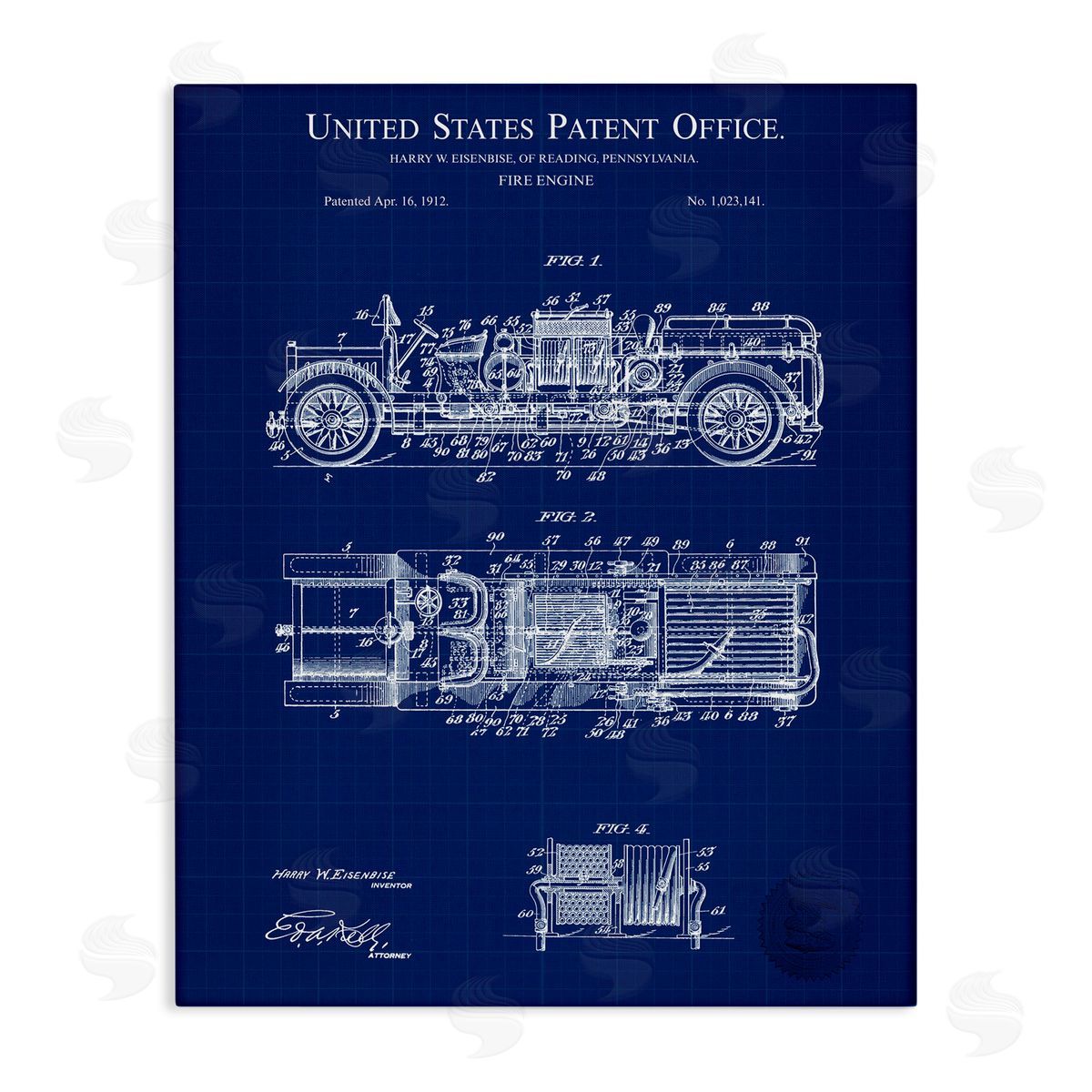 Fire Engine Blueprint Canvas Wall Art, Home Decor by Karl Hronek