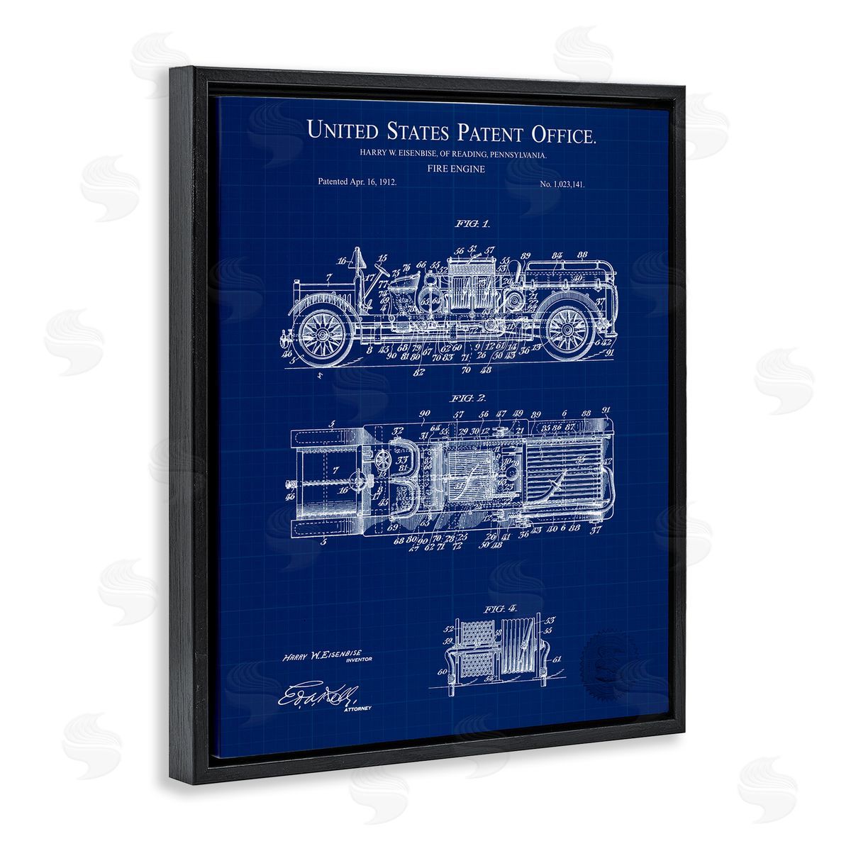 Fire Engine Blueprint Black Floating Frame Canvas Wall Art, Home Decor by Karl Hronek