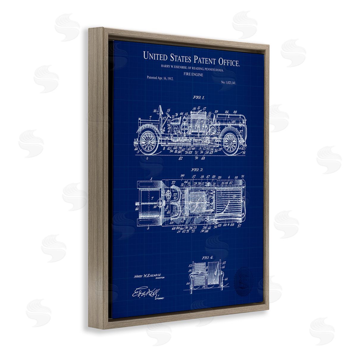 Fire Engine Blueprint Brown Floating Frame Canvas Wall Art, Home Decor by Karl Hronek