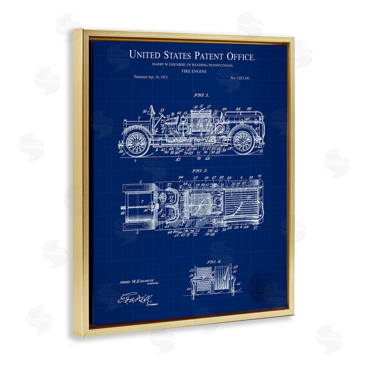 Fire Engine Blueprint Gold Floating Frame Canvas Wall Art, Home Decor by Karl Hronek
