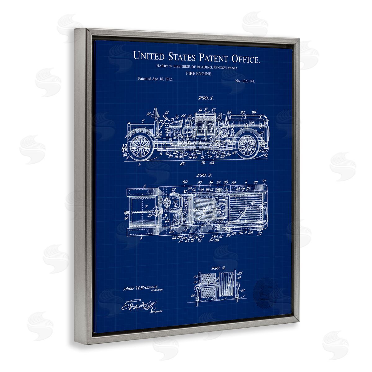 Fire Engine Blueprint Grey Floating Frame Canvas Wall Art, Home Decor by Karl Hronek