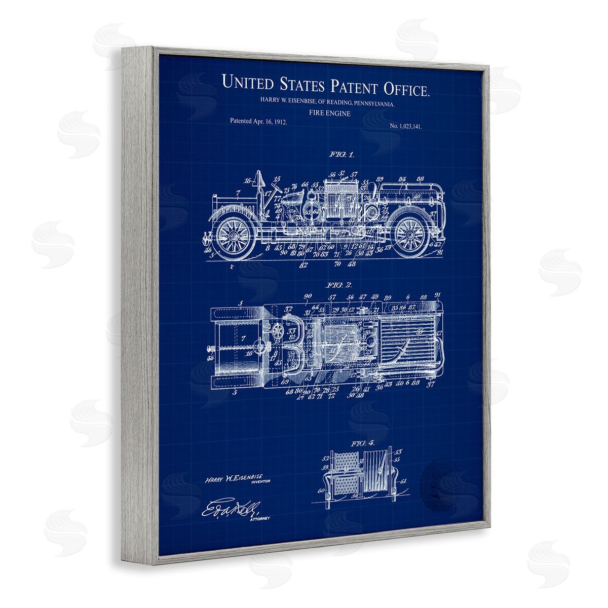 Fire Engine Blueprint Grey Frame Print Wall Art, Home Decor by Karl Hronek