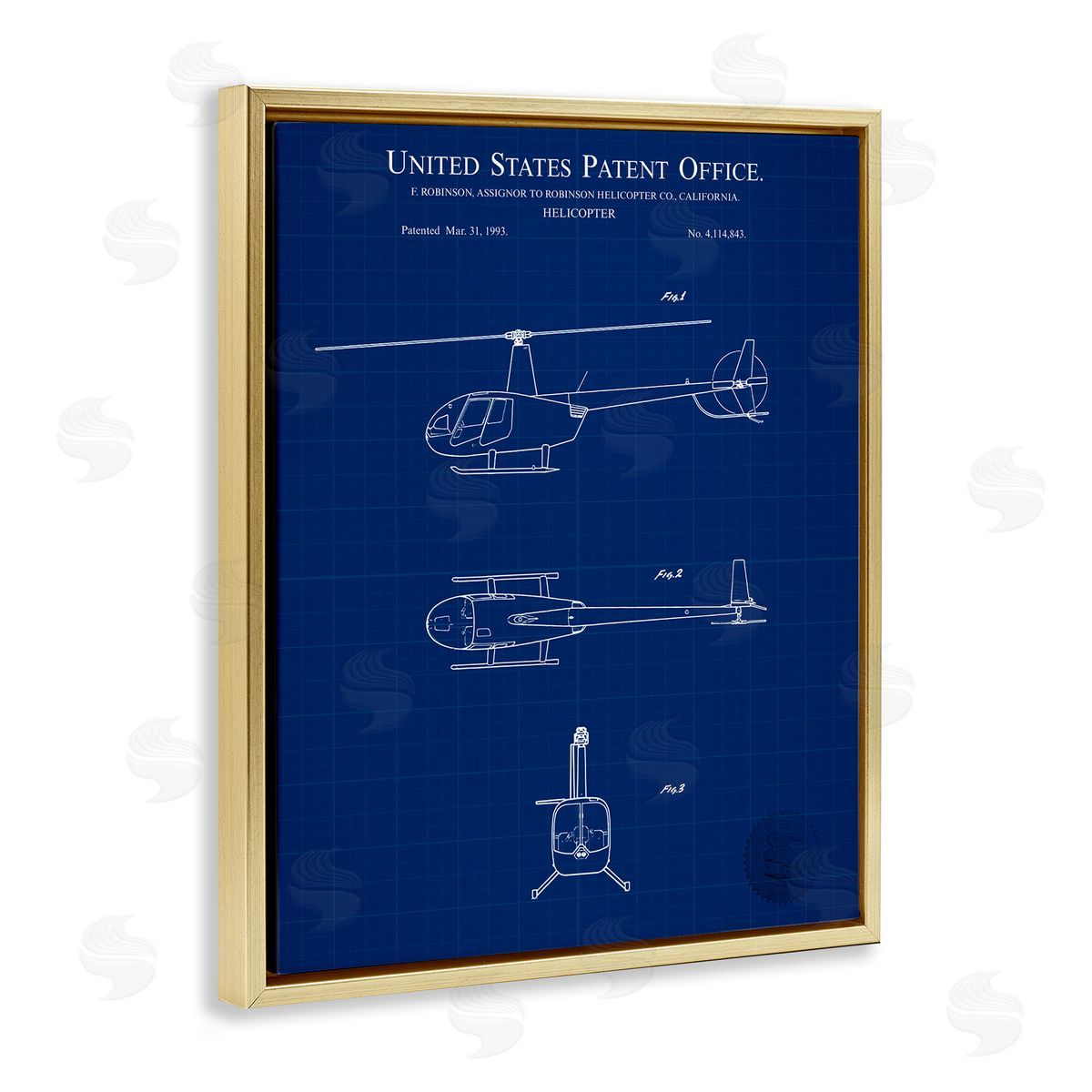 Detailed Helicopter Blueprint Gold Floating Frame Canvas Wall Art, Home Decor by Karl Hronek