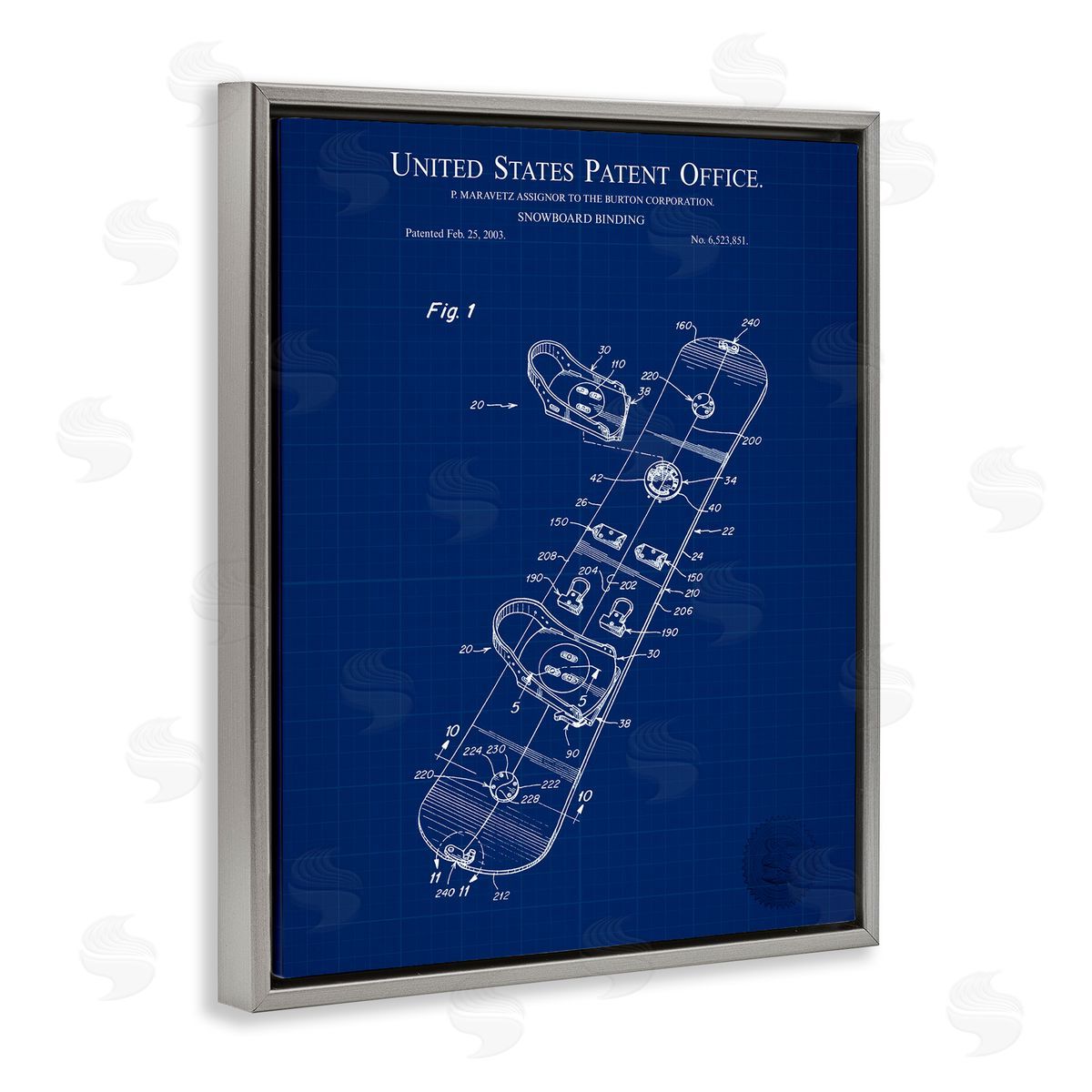 Snowboard Binding Blueprint Grey Floating Frame Canvas Wall Art, Home Decor by Karl Hronek
