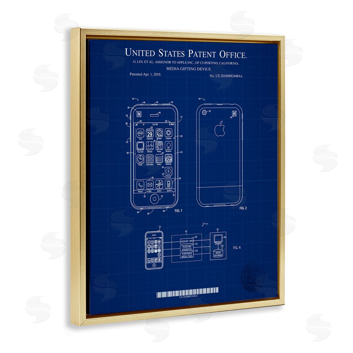 Cell Phone Blueprint Gold Floating Frame Canvas Wall Art, Home Decor by Karl Hronek