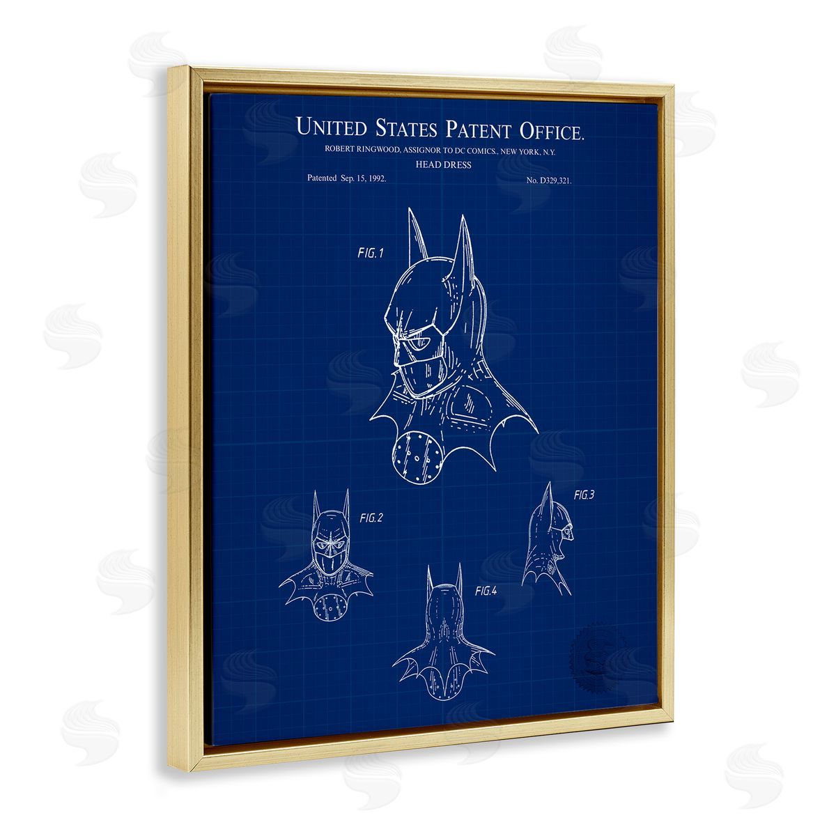 Head Dress Blueprint Gold Floating Frame Canvas Wall Art, Home Decor by Karl Hronek