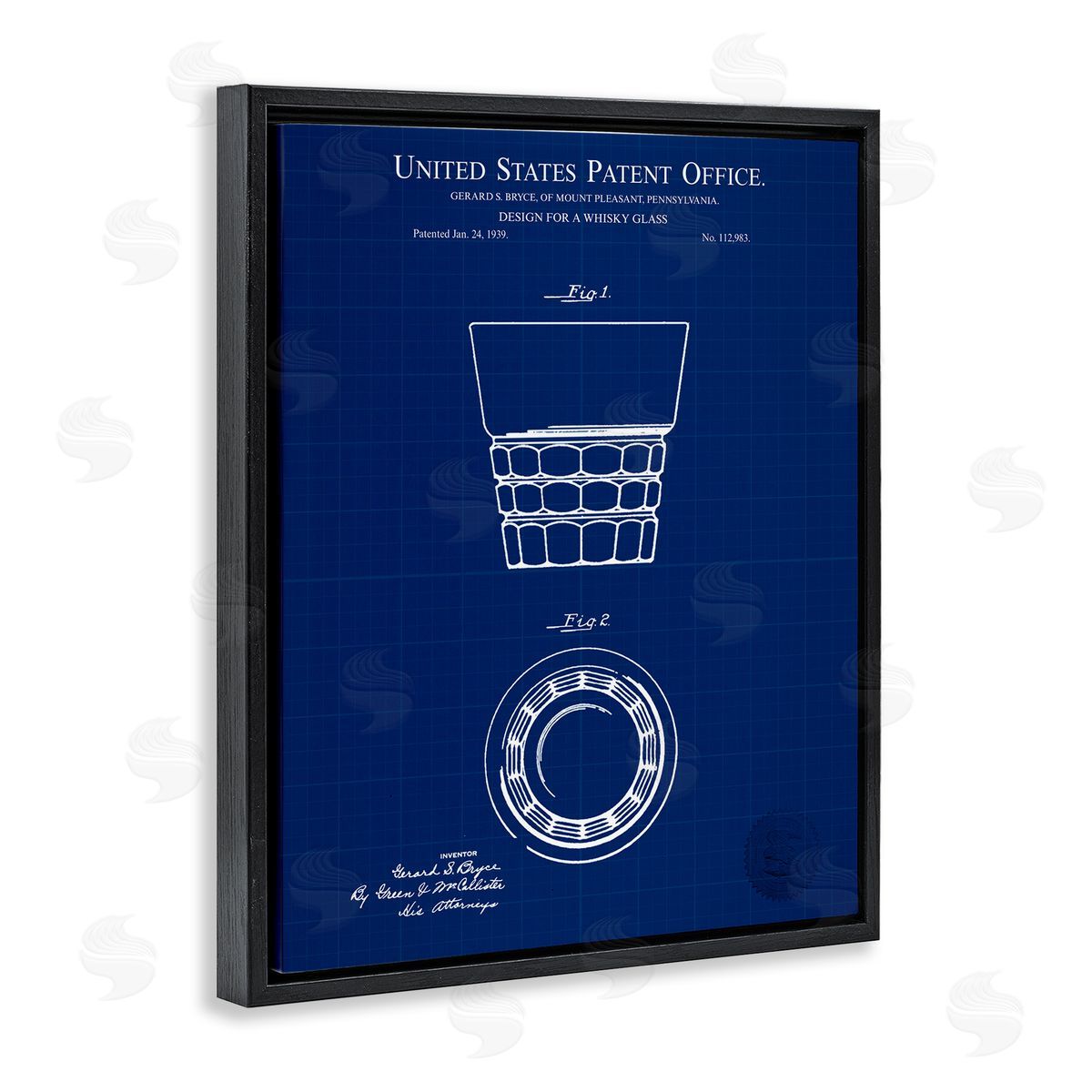 Whisky Glass Blueprint Black Floating Frame Canvas Wall Art, Home Decor by Karl Hronek