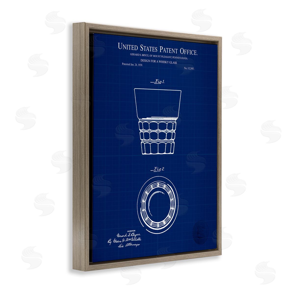Whisky Glass Blueprint Brown Floating Frame Canvas Wall Art, Home Decor by Karl Hronek