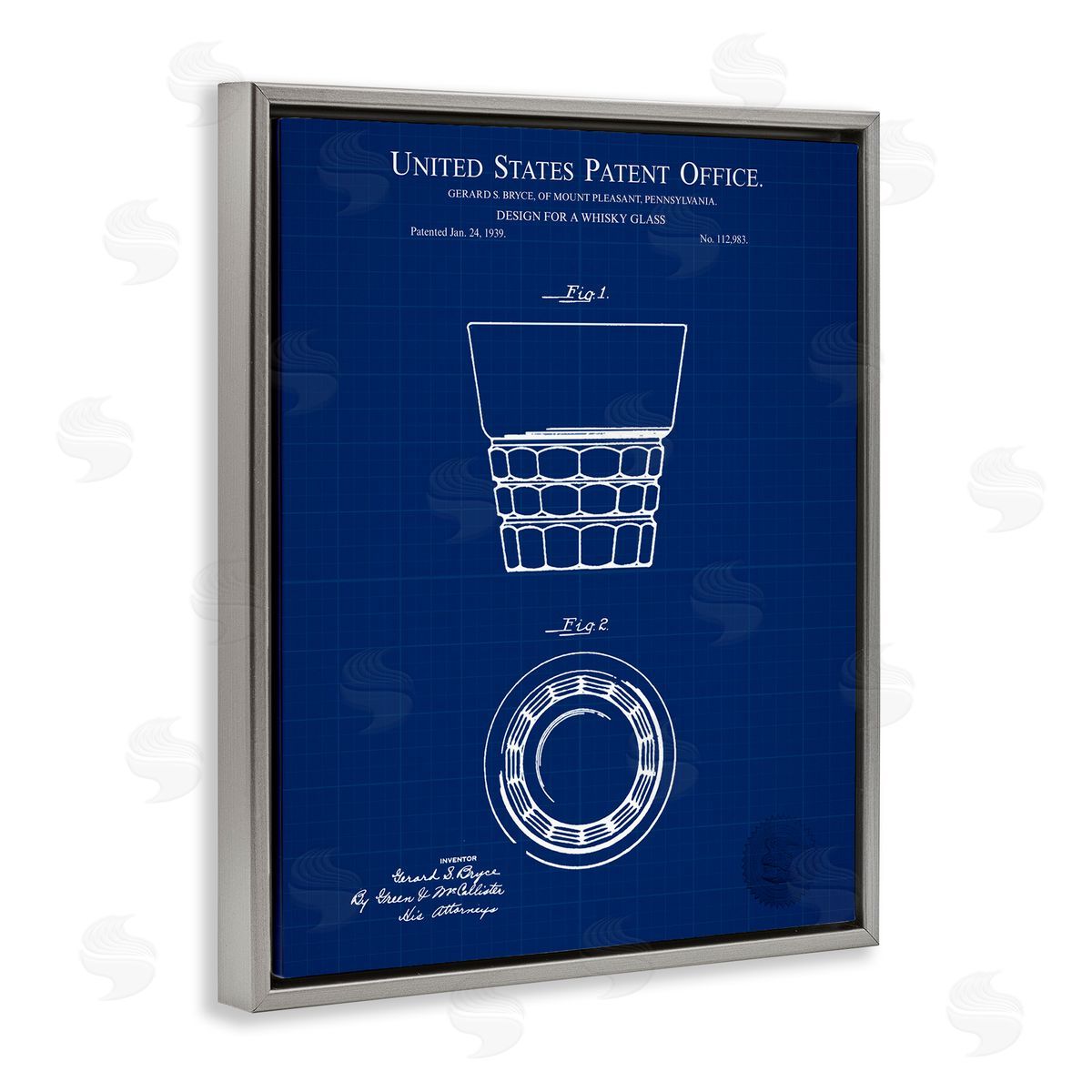 Whisky Glass Blueprint Grey Floating Frame Canvas Wall Art, Home Decor by Karl Hronek