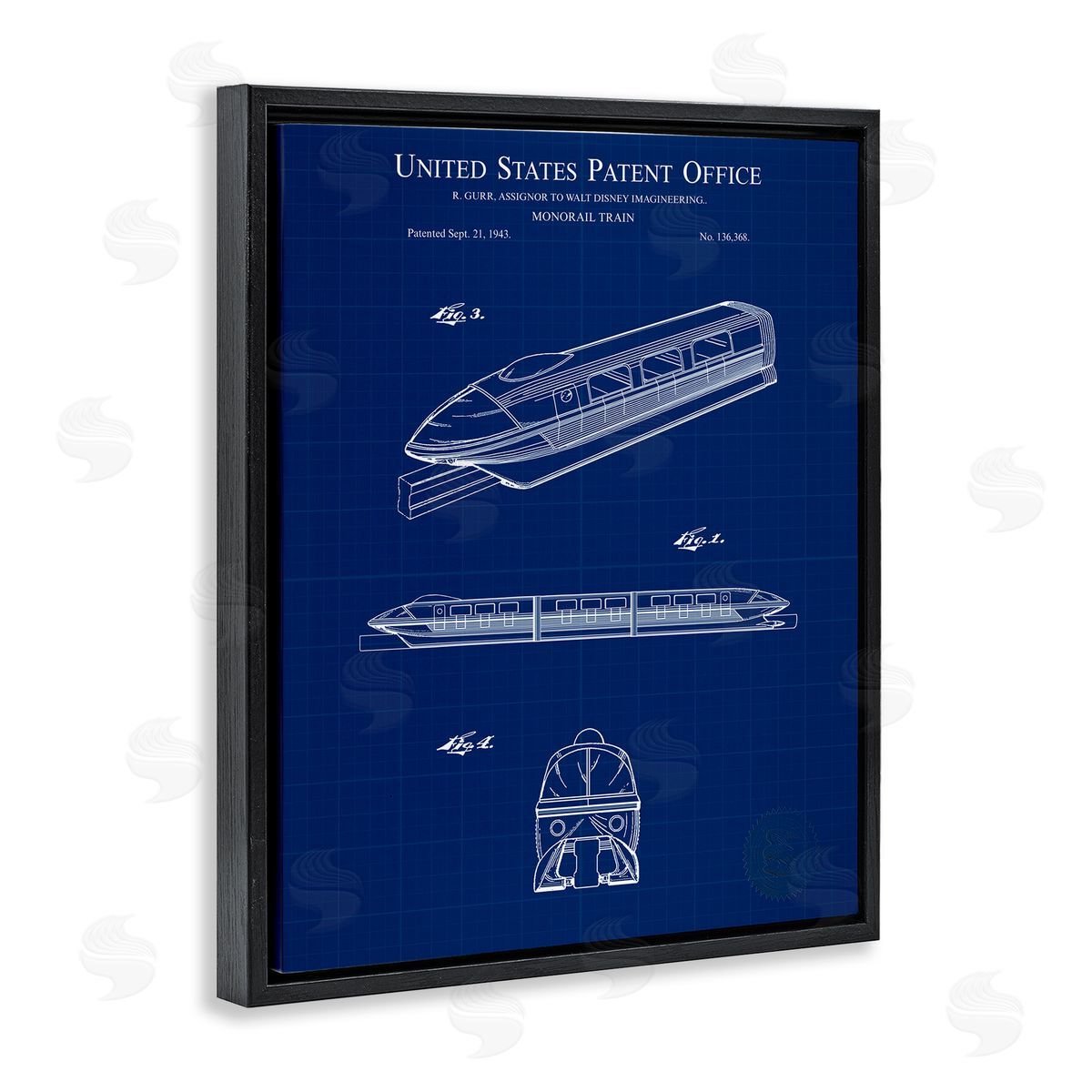 Monorail Train Blueprint Black Floating Frame Canvas Wall Art, Home Decor by Karl Hronek