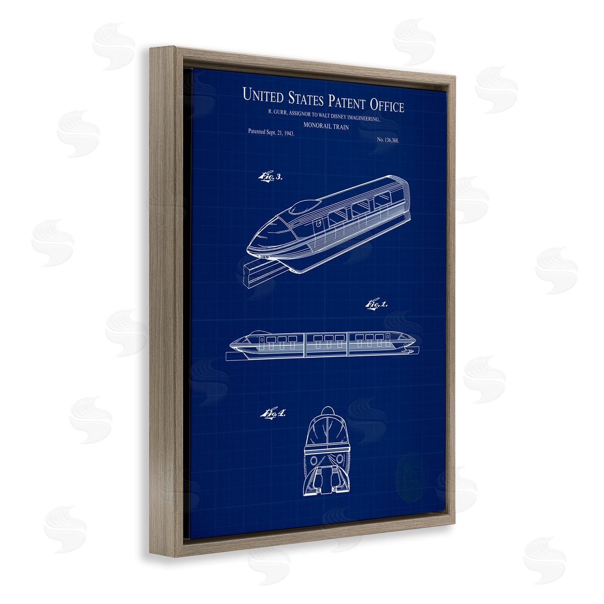Monorail Train Blueprint Brown Floating Frame Canvas Wall Art, Home Decor by Karl Hronek
