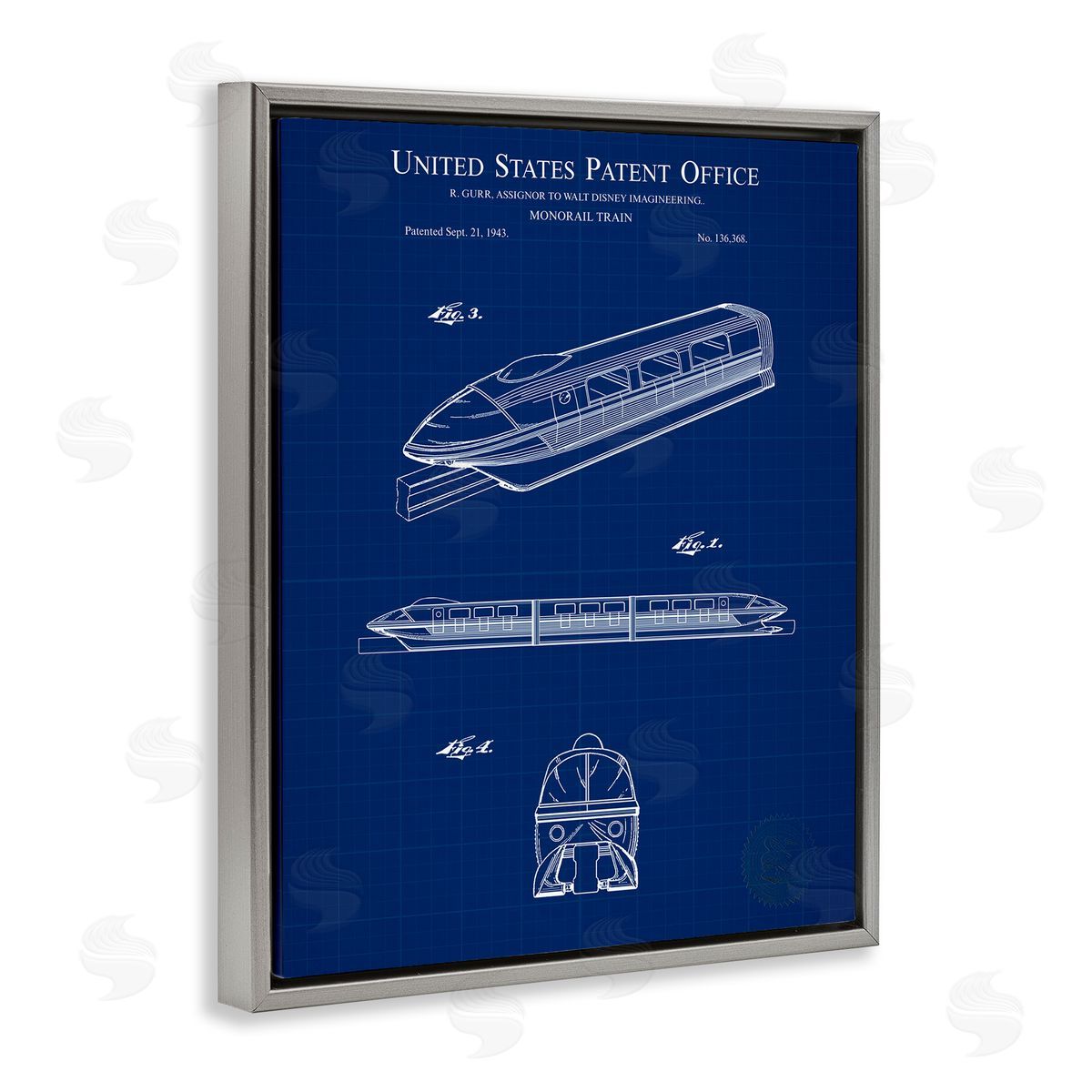 Monorail Train Blueprint Grey Floating Frame Canvas Wall Art, Home Decor by Karl Hronek