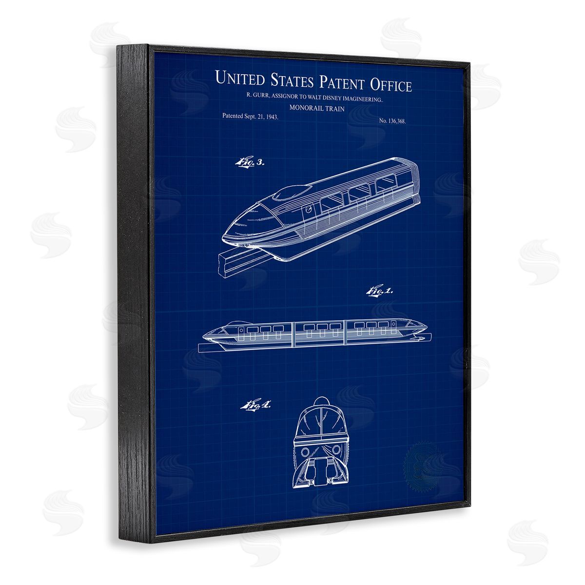 Monorail Train Blueprint Black Frame Print Wall Art, Home Decor by Karl Hronek