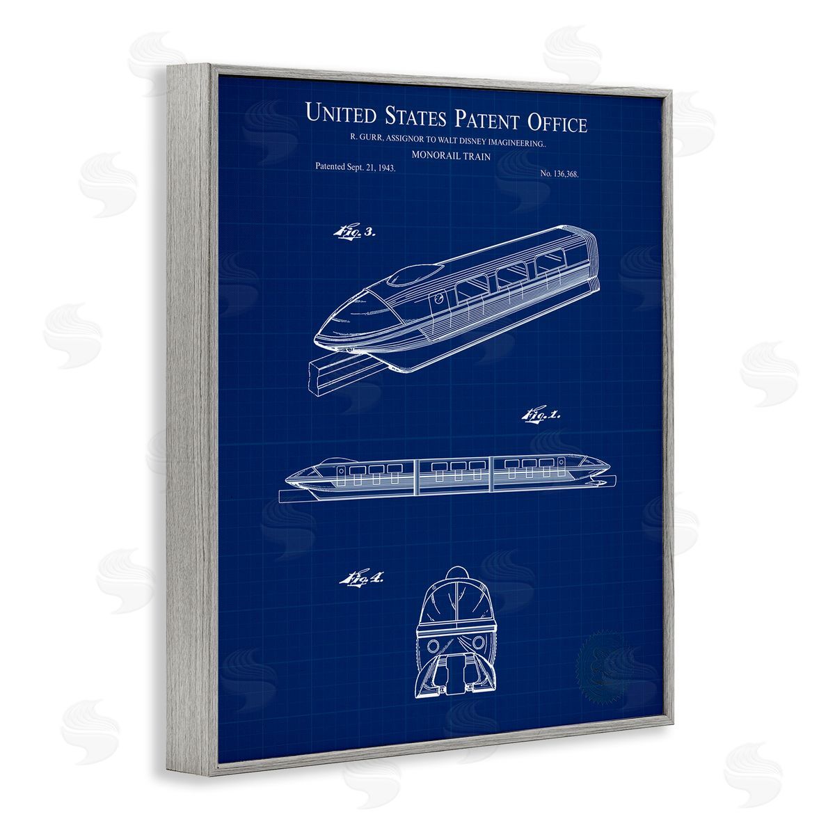 Monorail Train Blueprint Grey Frame Print Wall Art, Home Decor by Karl Hronek
