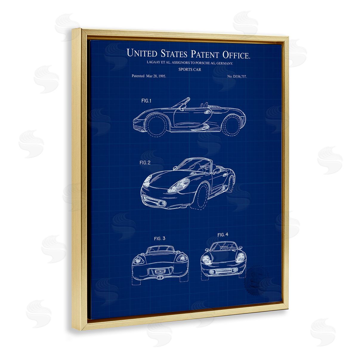 Sports Car Blueprint Gold Floating Frame Canvas Wall Art, Home Decor by Karl Hronek